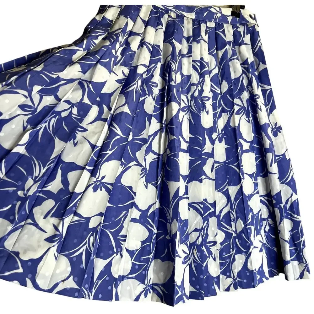 Louis Féraud 2 Piece Skirt Set Blue White Floral Polka Dot Vintage US 10